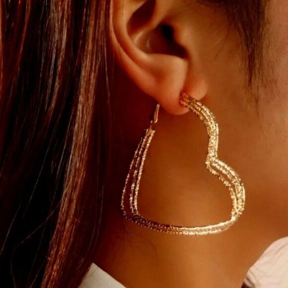 GOLD HEART LAYERED DANGLE EARRINGS - Picture 2 of 6